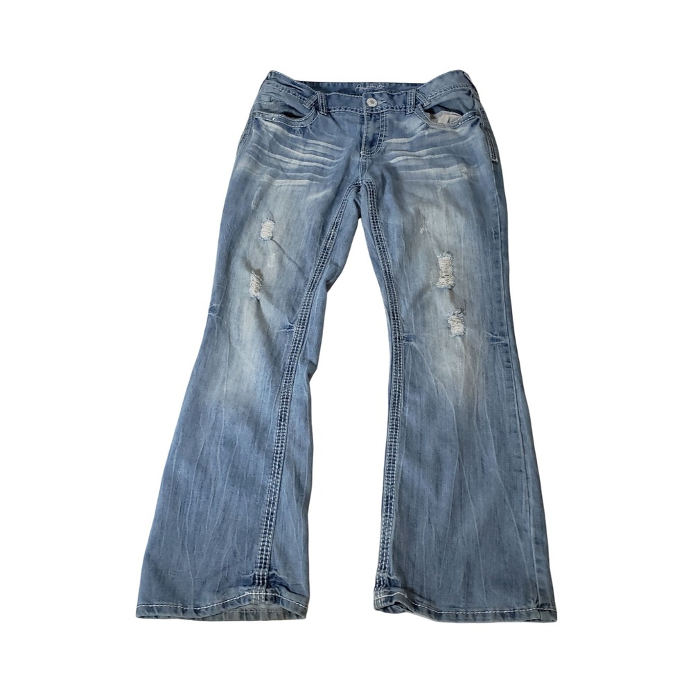 Amethyst Womens Distressed Bootcut Jeans Light Wash Thick Stitch Size 13